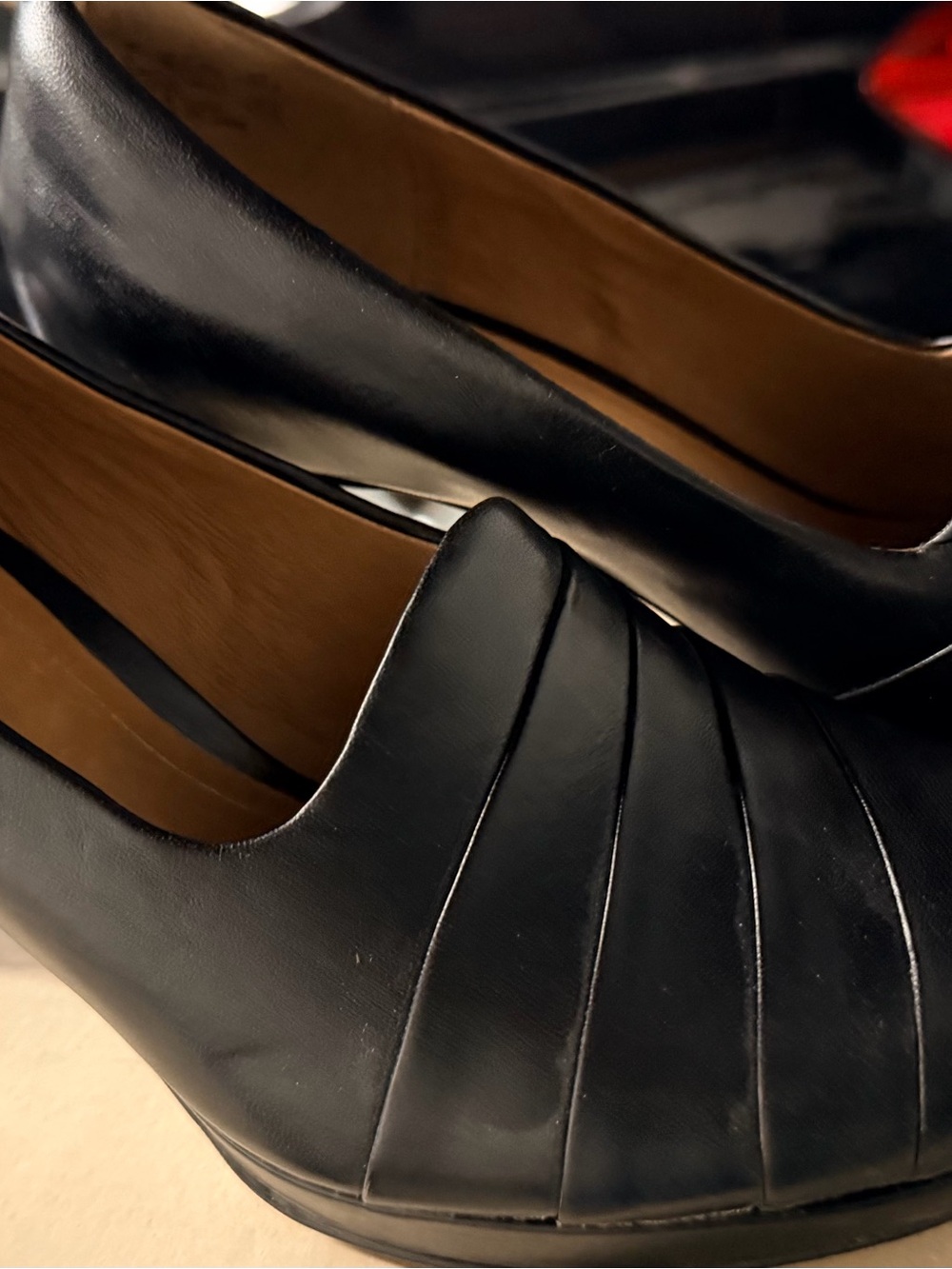Clarks Black Leather Wedge Heels with Pleated Upper